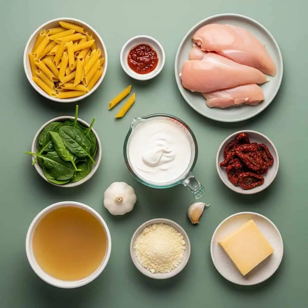 Creamy One Pot Chicken Pasta Recipe 11 All ingredients for creamy one pot chicken pasta arranged showing chicken, pasta, cream, and vegetables