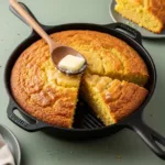 Crispy cast iron skillet cornbread gluten free in black pan with golden edges and moist interior