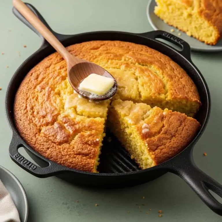 Crispy cast iron skillet cornbread gluten free in black pan with golden edges and moist interior