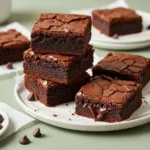 Fudgy gluten free brownies stacked showing shiny crackly tops and gooey chocolate interior