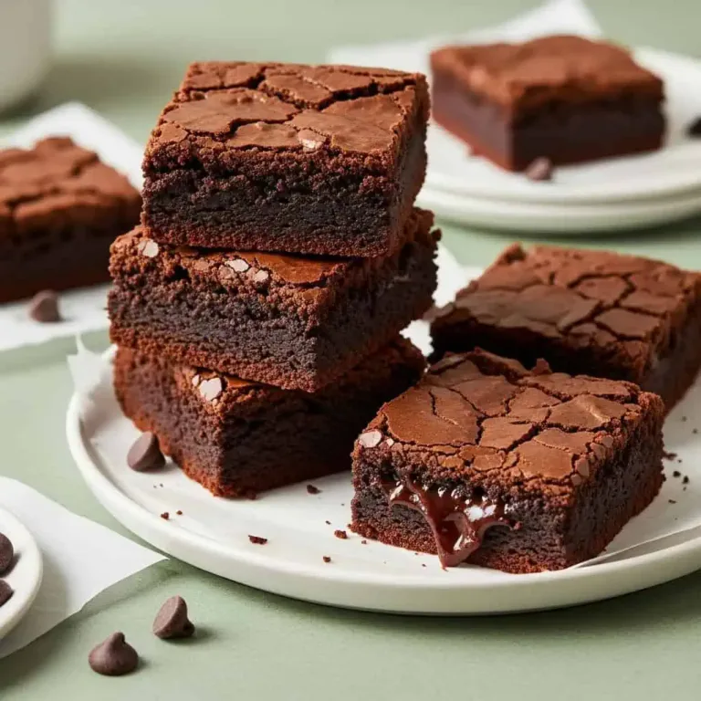 Fudgy gluten free brownies stacked showing shiny crackly tops and gooey chocolate interior