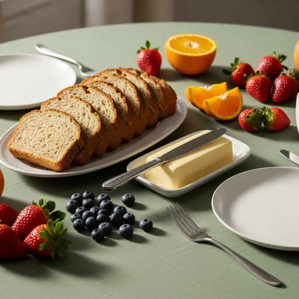 Easy Gluten Free Breakfast Bread Recipe 11 Gluten free breakfast bread slices on serving platter at morning breakfast table