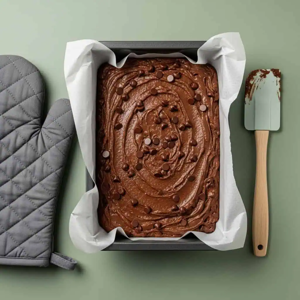 Fudgy Gluten Free Brownies Recipe 10 Gluten free brownie batter in parchment-lined pan with smooth top ready for baking