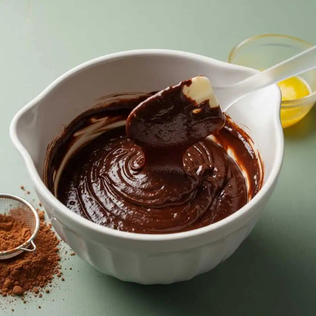 Fudgy Gluten Free Brownies Recipe 9 Thick glossy gluten free brownie batter in white bowl showing rich chocolate color and smooth texture