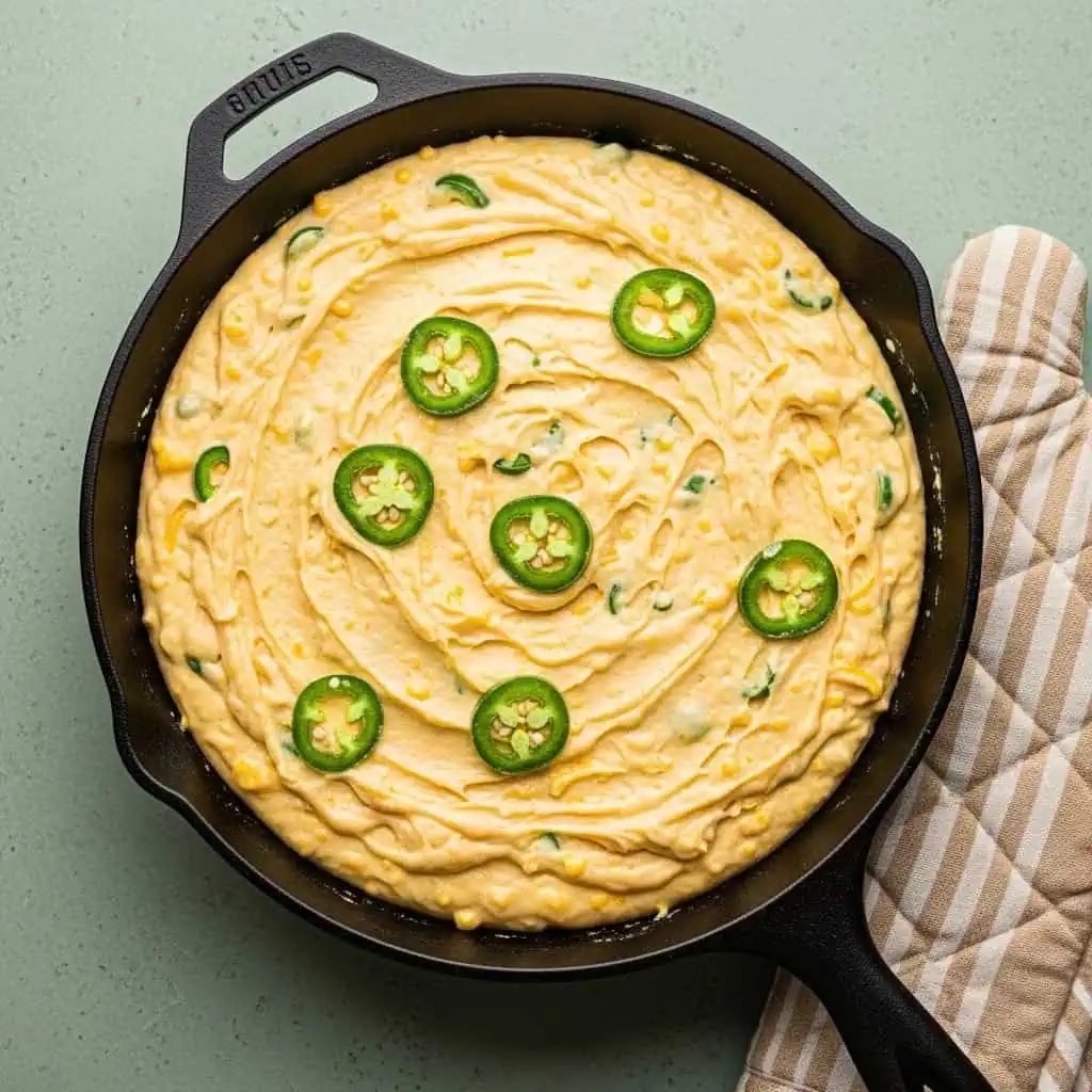 Spicy Gluten Free Jalapeño Cornbread Recipe 9 Gluten free jalapeño cornbread batter in cast iron with visible jalapeño pieces and cheese