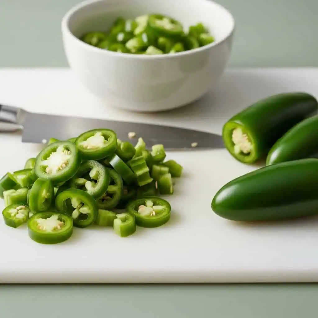 Spicy Gluten Free Jalapeño Cornbread Recipe 8 Fresh jalapeños being diced on cutting board showing seed removal for spicy cornbread preparation