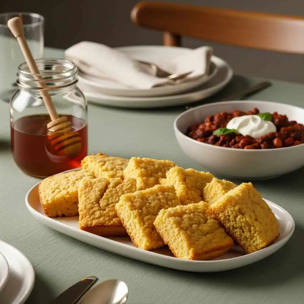 Honey cornbread gluten free on serving platter at dinner table with chili