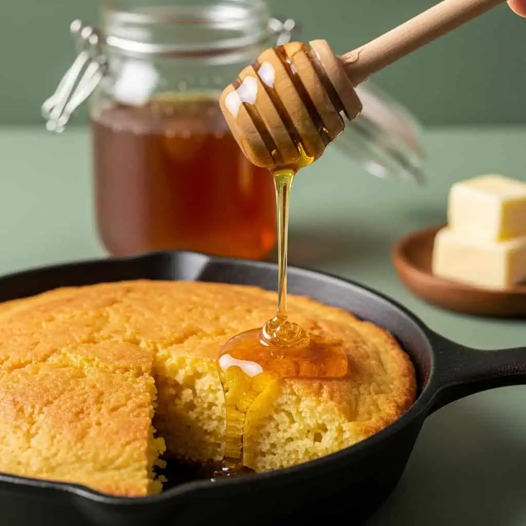 Honey being drizzled over hot gluten free cornbread creating glossy golden coating