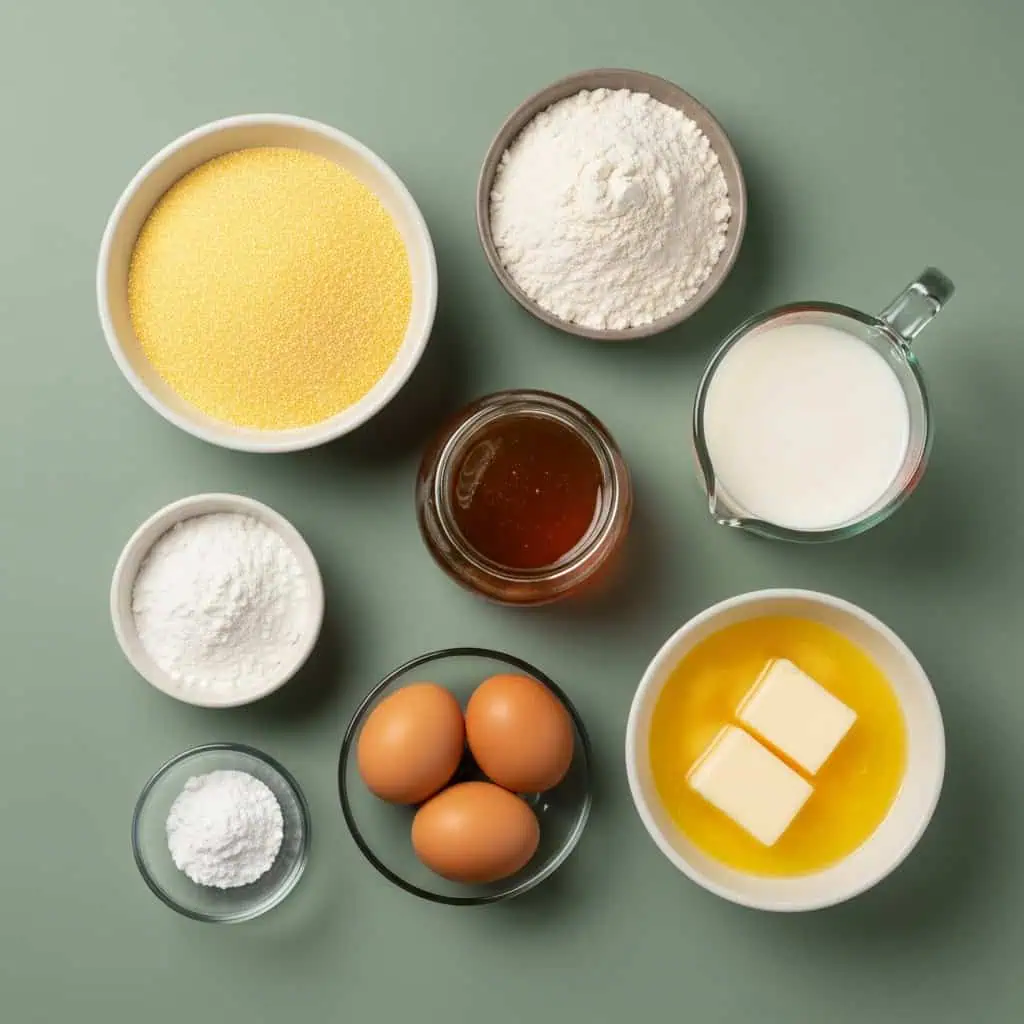 All ingredients for honey cornbread gluten free arranged showing honey jar as star ingredient