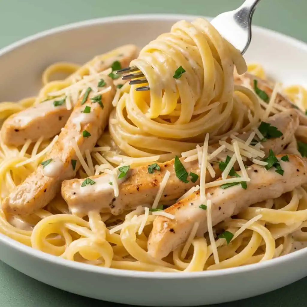 Finished one pot chicken alfredo in bowl with fettuccine nest and chicken strips