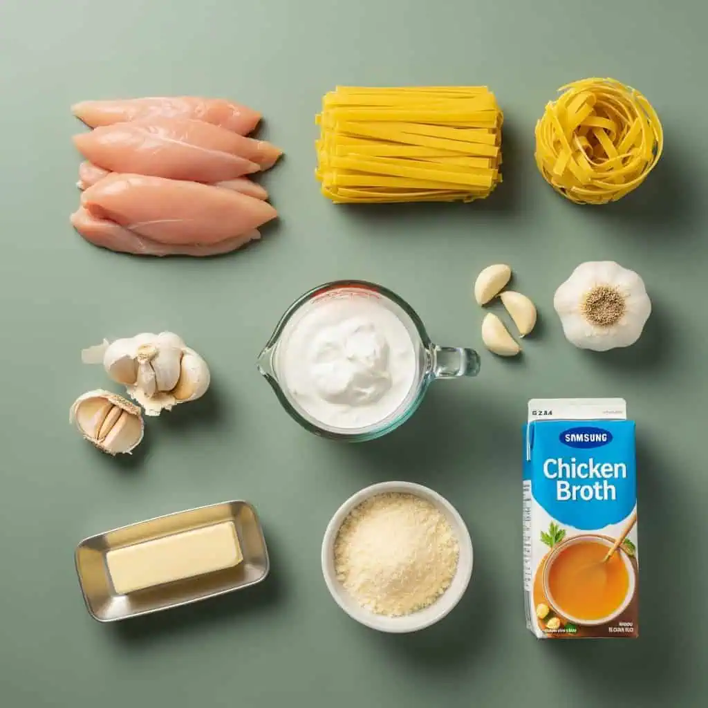 All ingredients for one pot chicken alfredo including chicken, fettuccine, cream, and parmesan