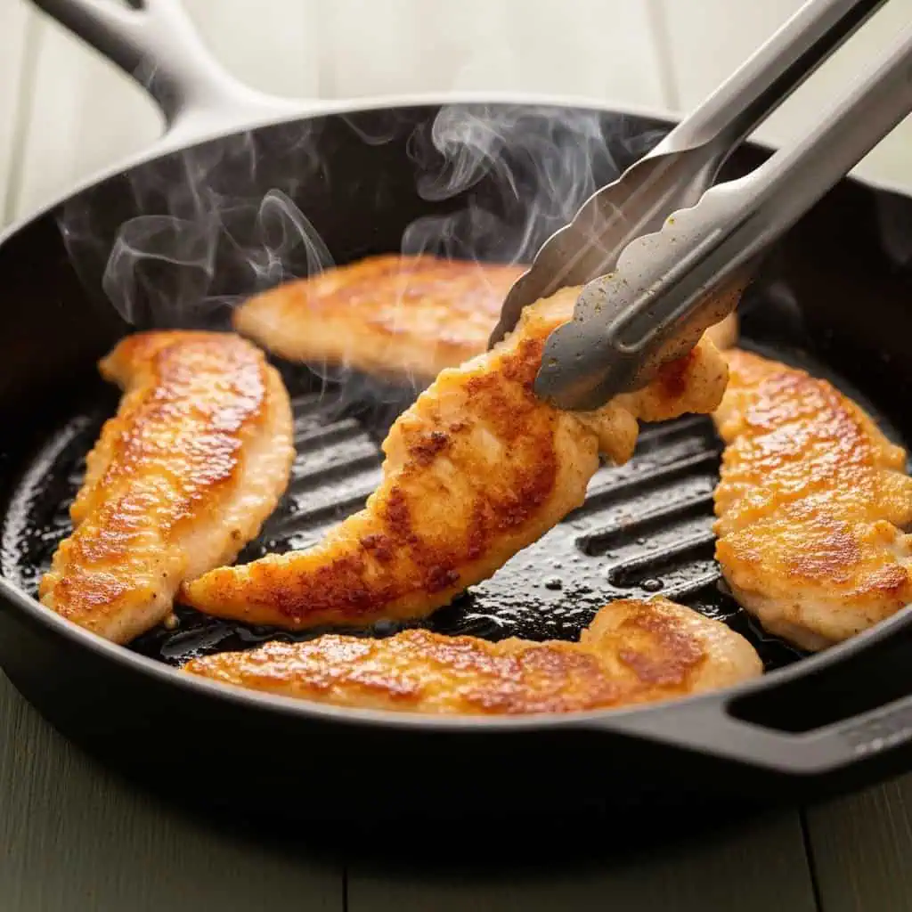  Chicken strips being seared in skillet showing golden-brown crust for alfredo pasta
