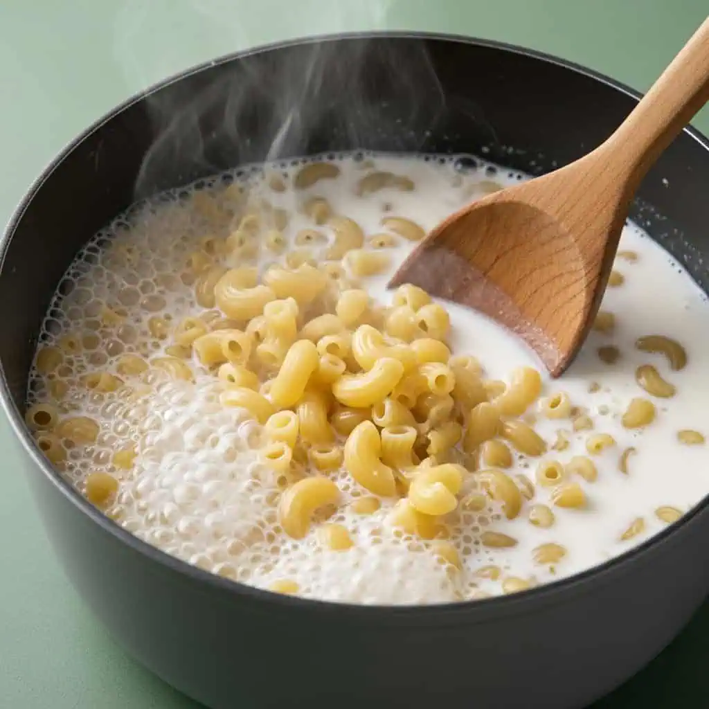  Elbow macaroni cooking in milk showing one pot mac and cheese method