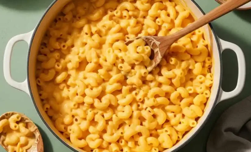 Ultra creamy one pot mac and cheese in pot with thick cheese sauce coating macaroni