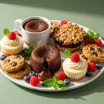 Variety of quick gluten free desserts including mug cake, berry crisp, and cookies on white platter
