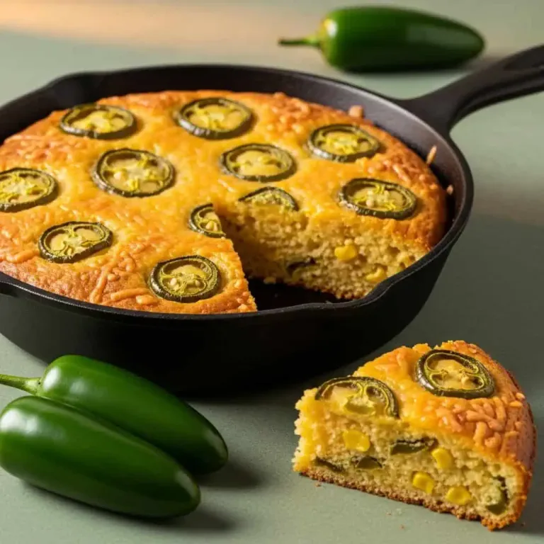 Spicy gluten free jalapeño cornbread in cast iron skillet with golden top and visible jalapeño pieces