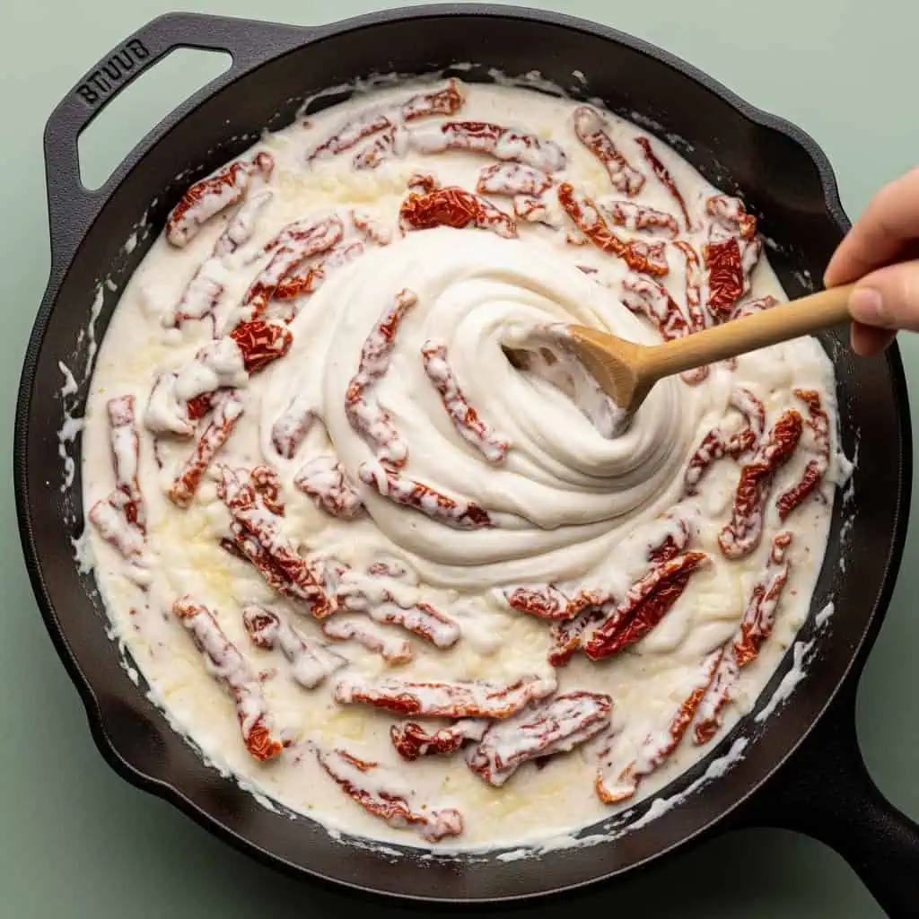 Marry Me Chicken One Pot Recipe 13 Sun-dried tomato cream sauce in skillet showing luxurious parmesan base