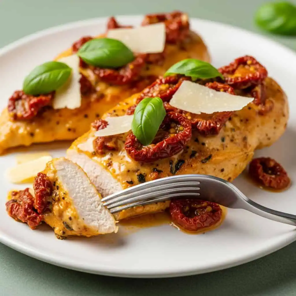 Marry Me Chicken One Pot Recipe 14 Finished marry me chicken on plate with creamy sauce, sun-dried tomatoes, and basil