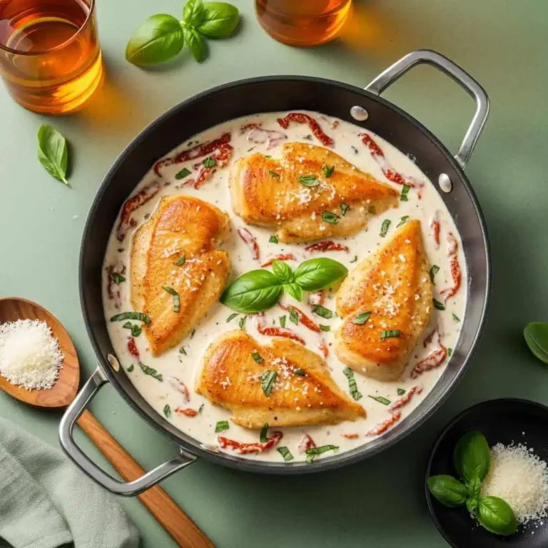 Marry me chicken one pot in skillet with chicken in sun-dried tomato cream sauce
