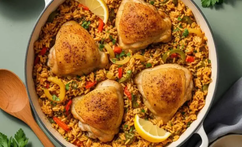 One pot chicken and rice in skillet with crispy chicken thighs over seasoned fluffy rice