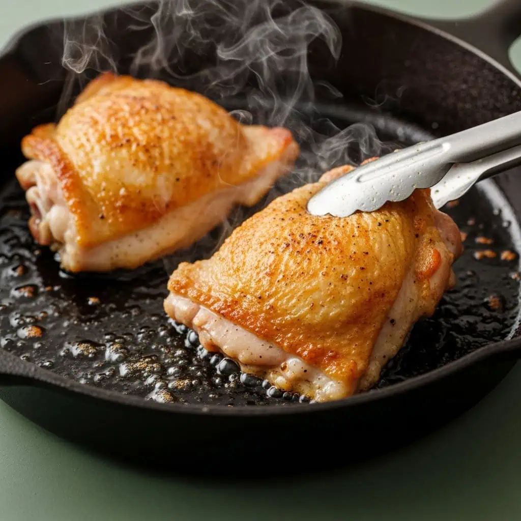 Chicken thighs being seared skin-side down showing golden crispy skin formation
