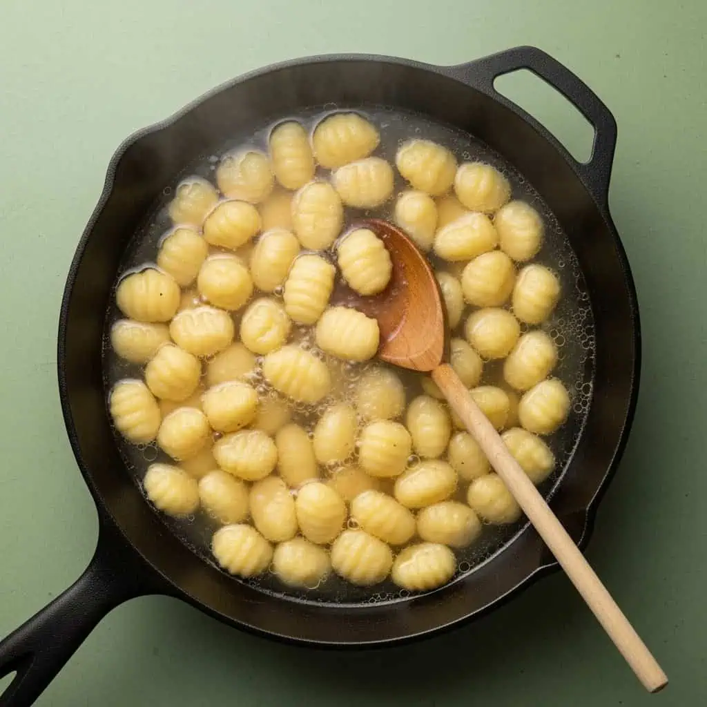 Gnocchi cooking in chicken broth showing pillowy dumplings floating to surface