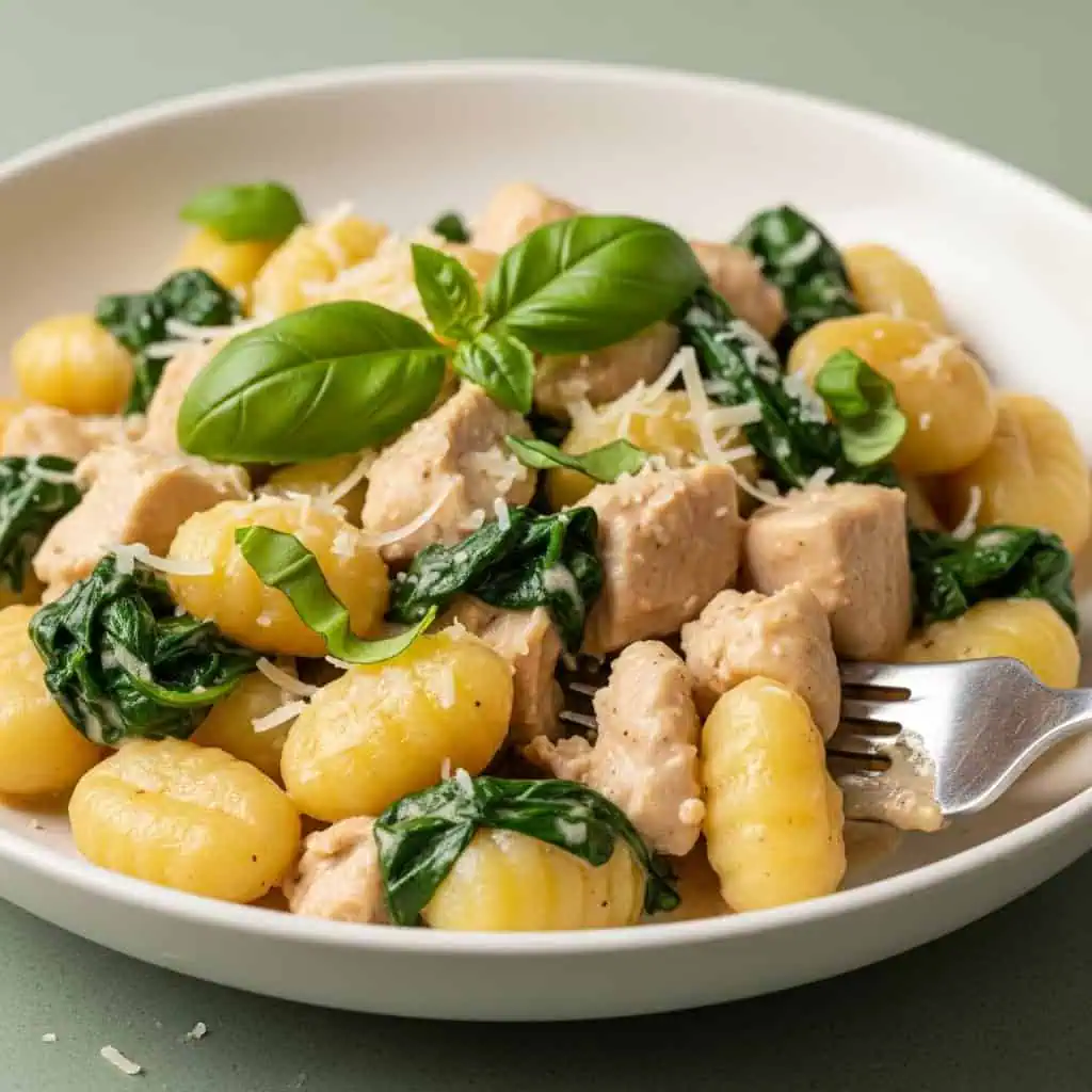 Finished one pot chicken gnocchi in bowl with creamy sauce, spinach, and parmesan