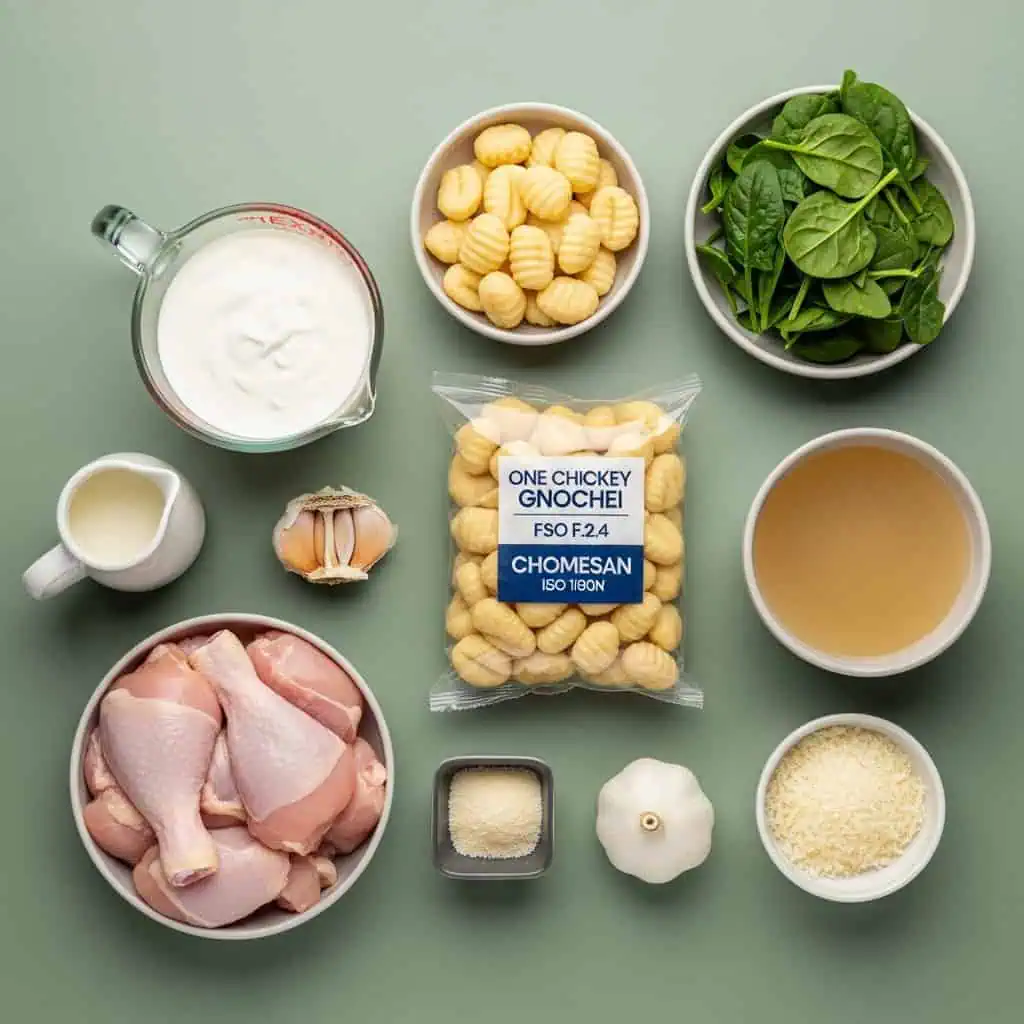  All ingredients for one pot chicken gnocchi including chicken, gnocchi, cream, and spinach