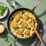 One pot chicken gnocchi in skillet with pillowy dumplings and chicken in creamy sauce