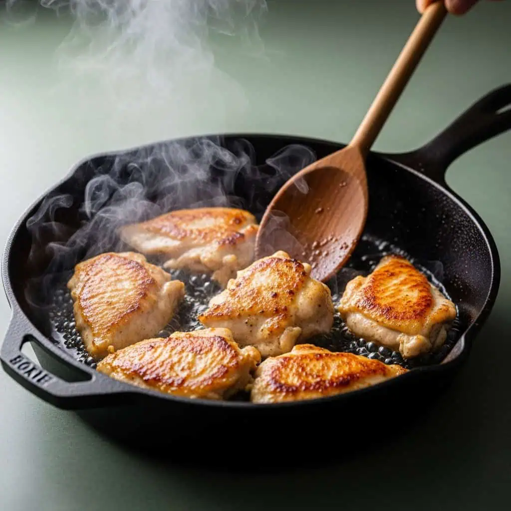 Chicken pieces being seared showing golden-brown color for gnocchi dish
