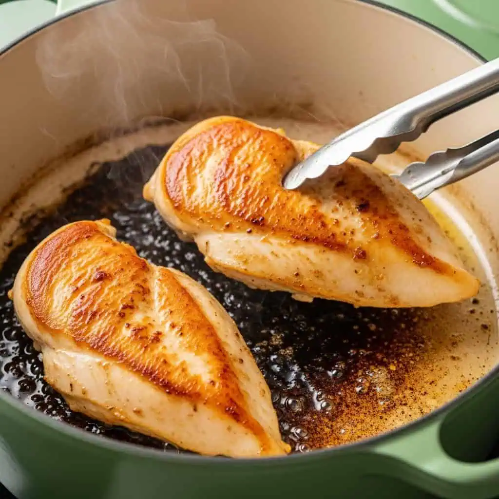Chicken breasts being browned showing golden crust for chicken soup