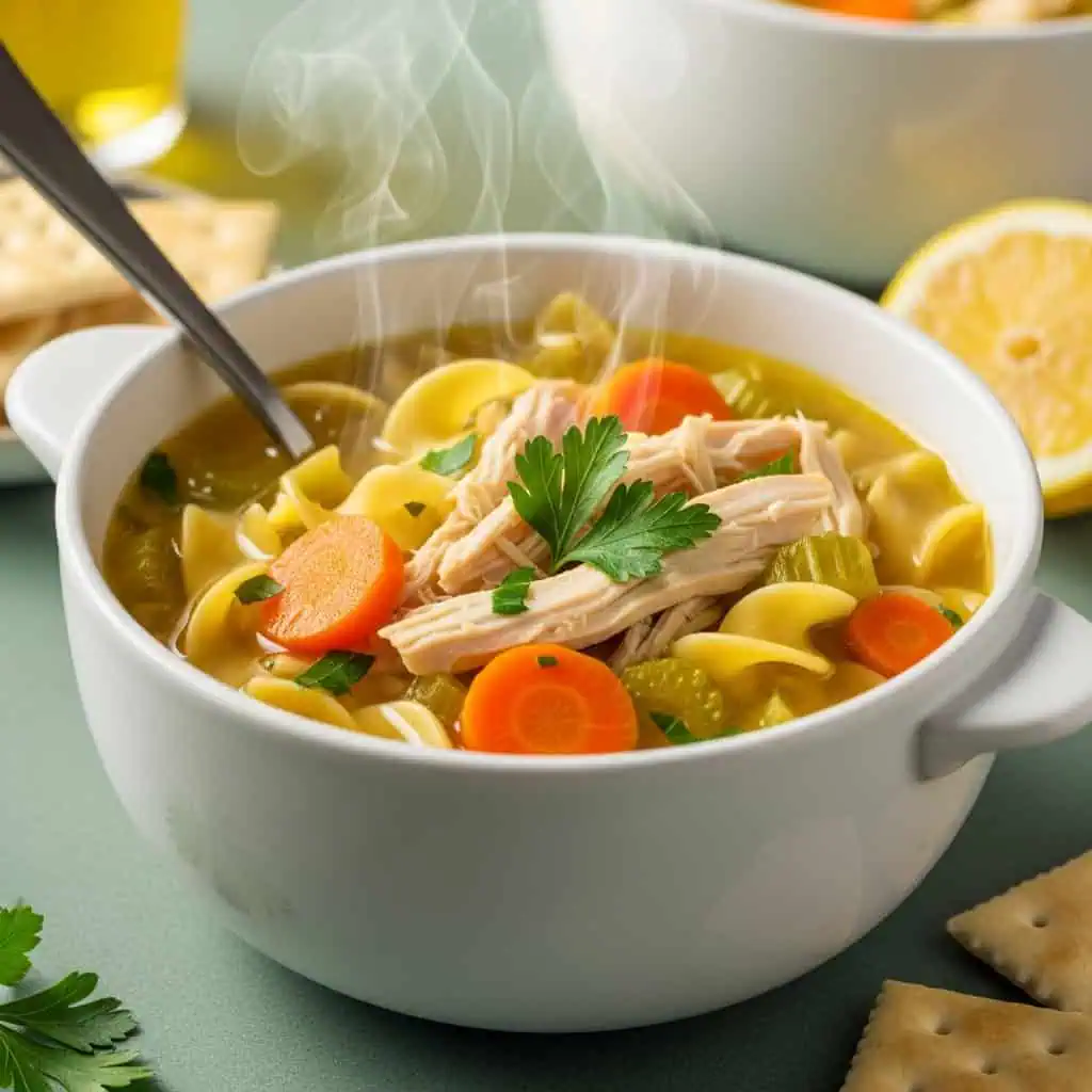Finished one pot chicken soup in bowl with steam rising from side view