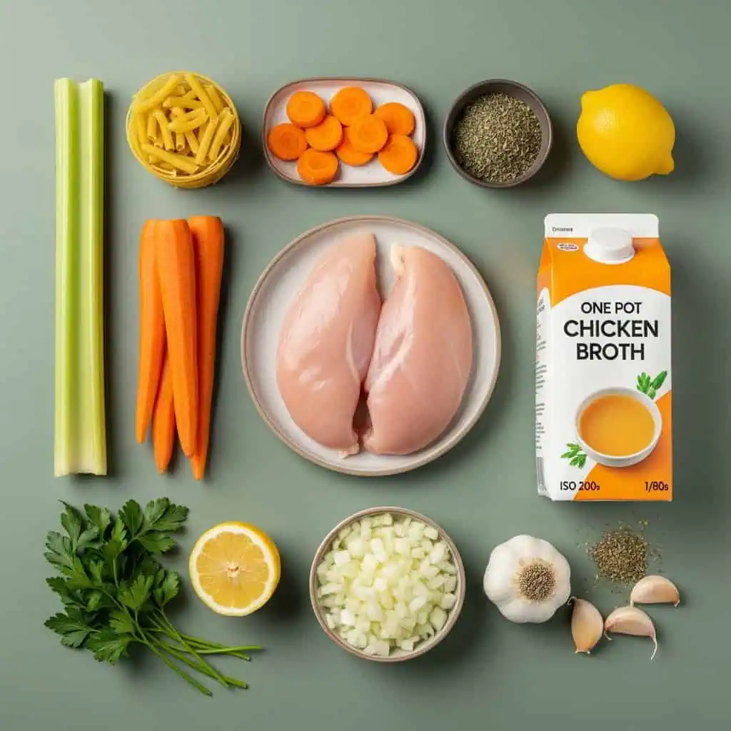 All ingredients for one pot chicken soup including chicken, vegetables, noodles, and broth