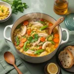 One pot chicken soup in Dutch oven with chicken, noodles, and vegetables in golden broth