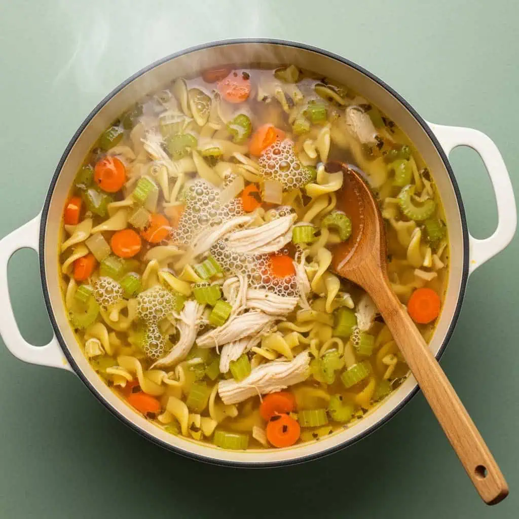  Chicken soup simmering with noodles, vegetables, and chicken in golden broth