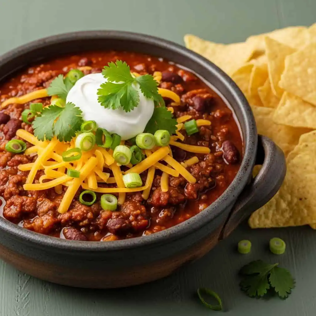 Finished one pot chili in bowl with cheese, sour cream, and toppings