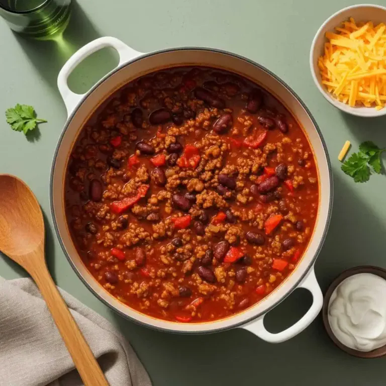 One pot chili in Dutch oven with ground beef, beans, and peppers in rich red sauce