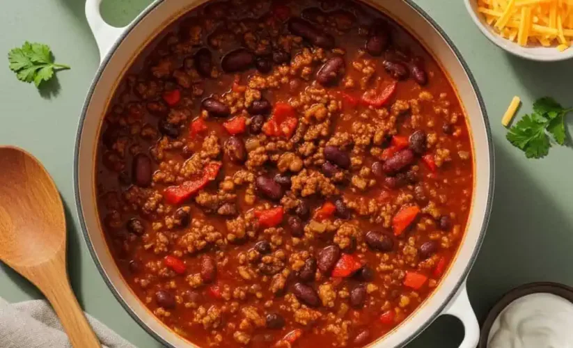 One pot chili in Dutch oven with ground beef, beans, and peppers in rich red sauce