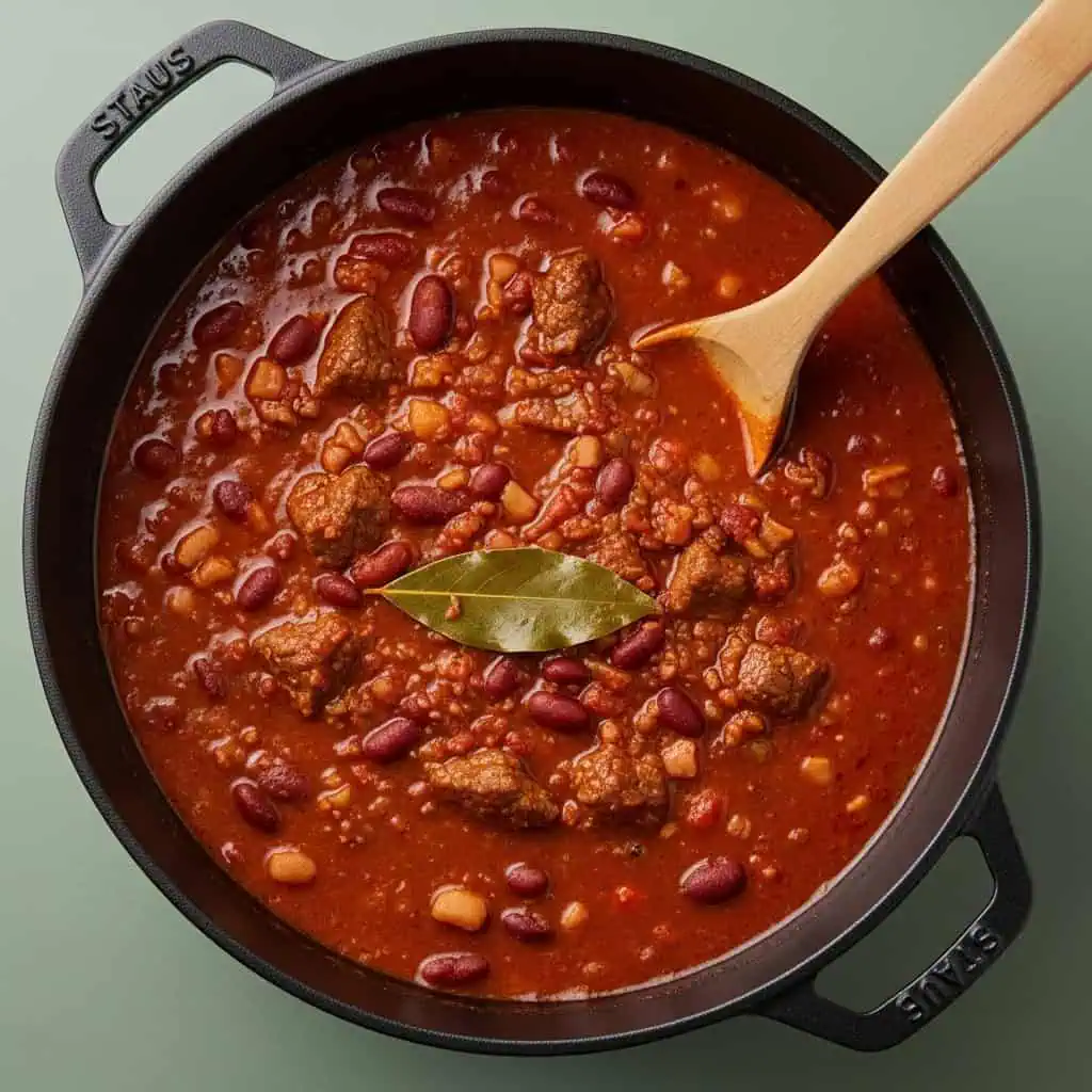 Chili simmering in pot showing thick consistency with beans and beef