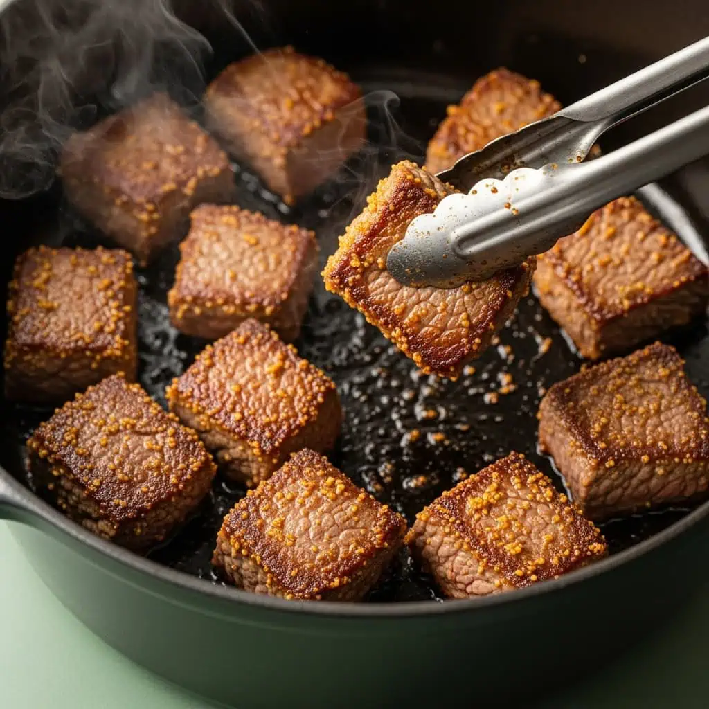  Beef cubes being browned showing golden crust for goulash