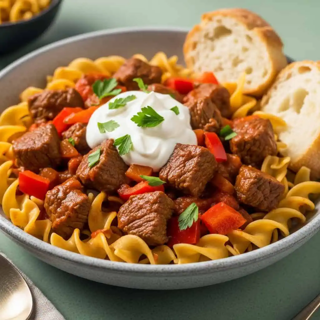  Finished one pot goulash in bowl with beef, noodles, sour cream, and parsley