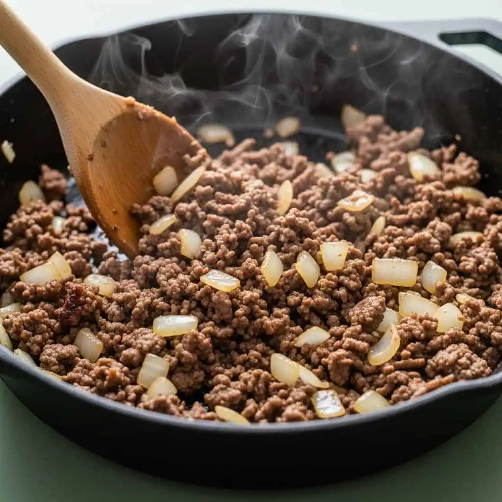 Ground beef browning with onions in skillet for hamburger helper
