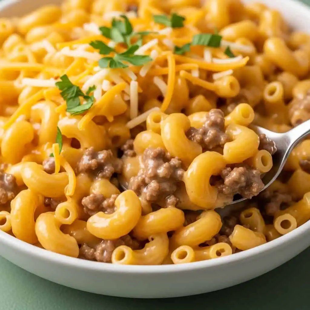  Finished one pot hamburger helper in bowl with creamy cheese sauce