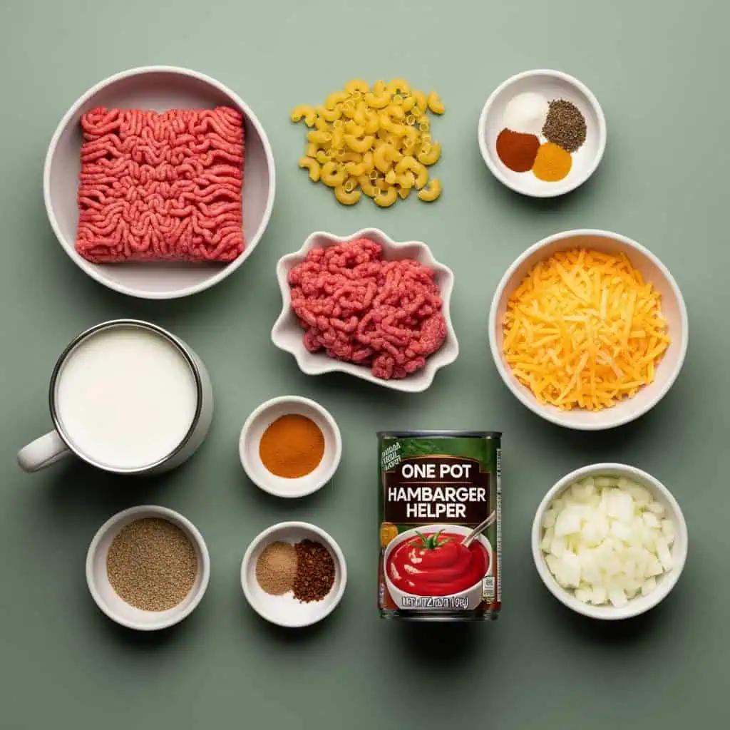  All ingredients for one pot hamburger helper including ground beef, pasta, and cheese