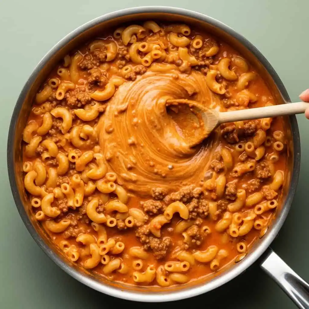 Elbow macaroni cooking in creamy beef and tomato sauce