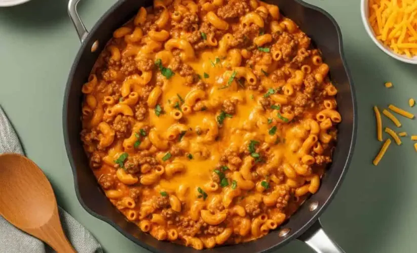 One pot hamburger helper in skillet with ground beef, macaroni, and melted cheese