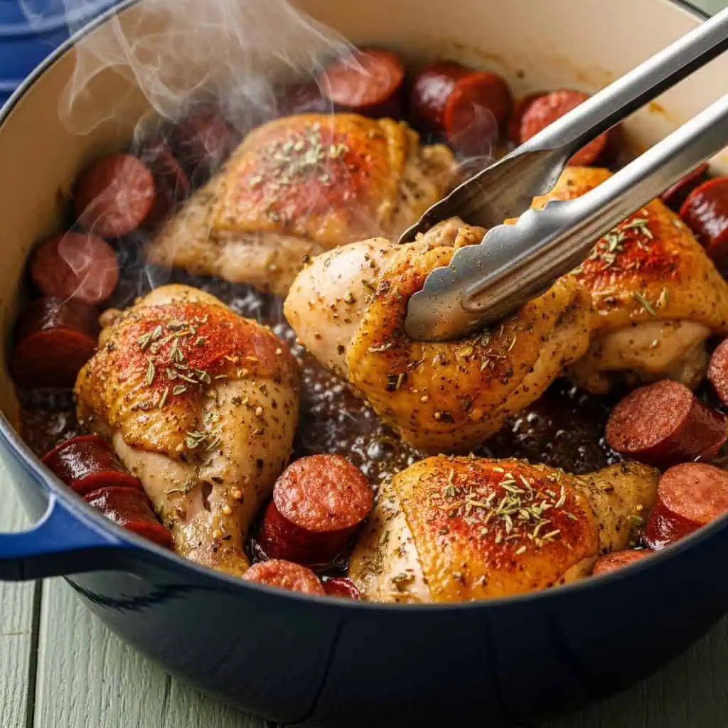 One Pot Jambalaya Recipe 11 Chicken and sausage being browned showing caramelization for jambalaya