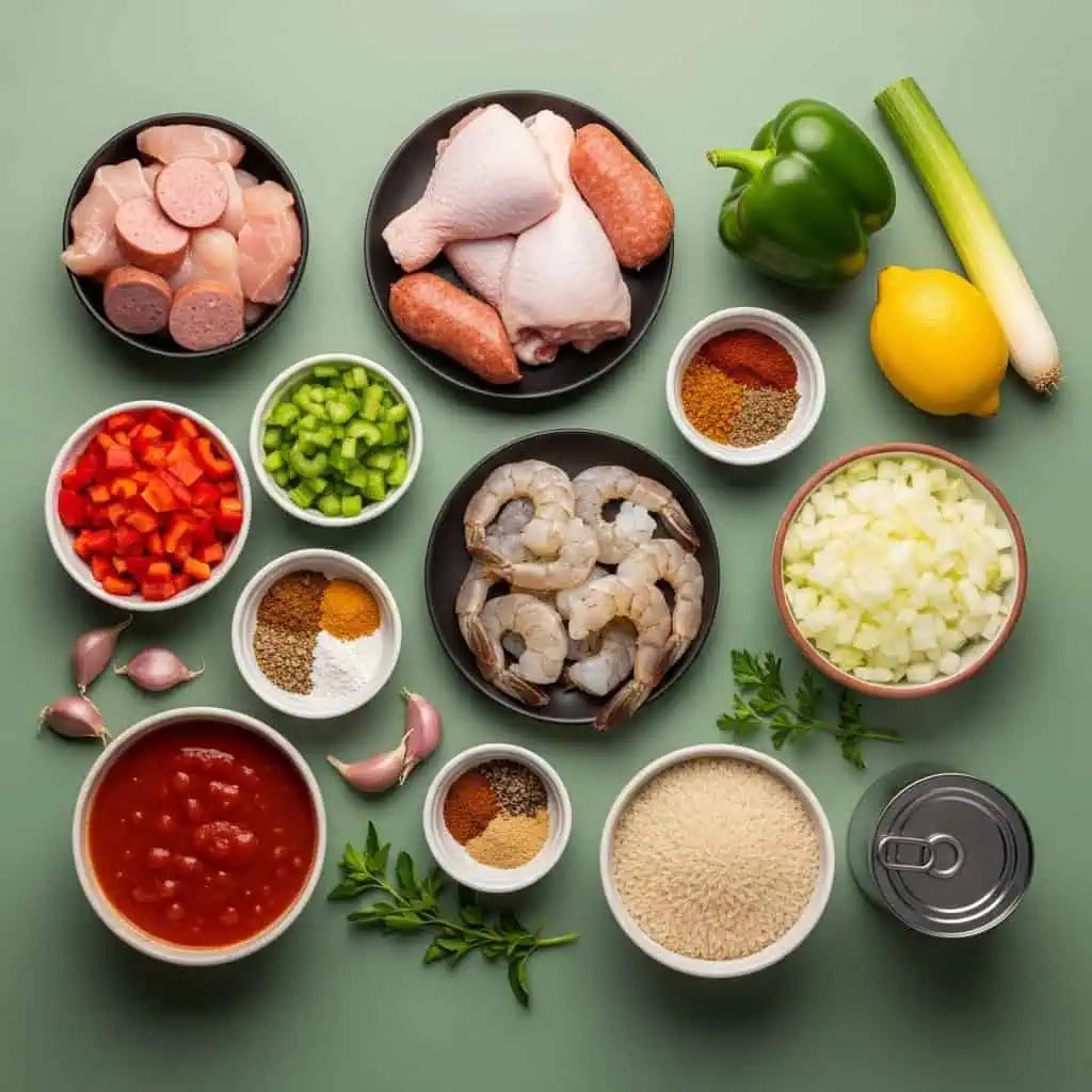 One Pot Jambalaya Recipe 10 All ingredients for one pot jambalaya including chicken, sausage, shrimp, and vegetables