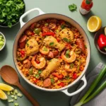 One pot jambalaya in Dutch oven with chicken, sausage, shrimp, and colorful vegetables