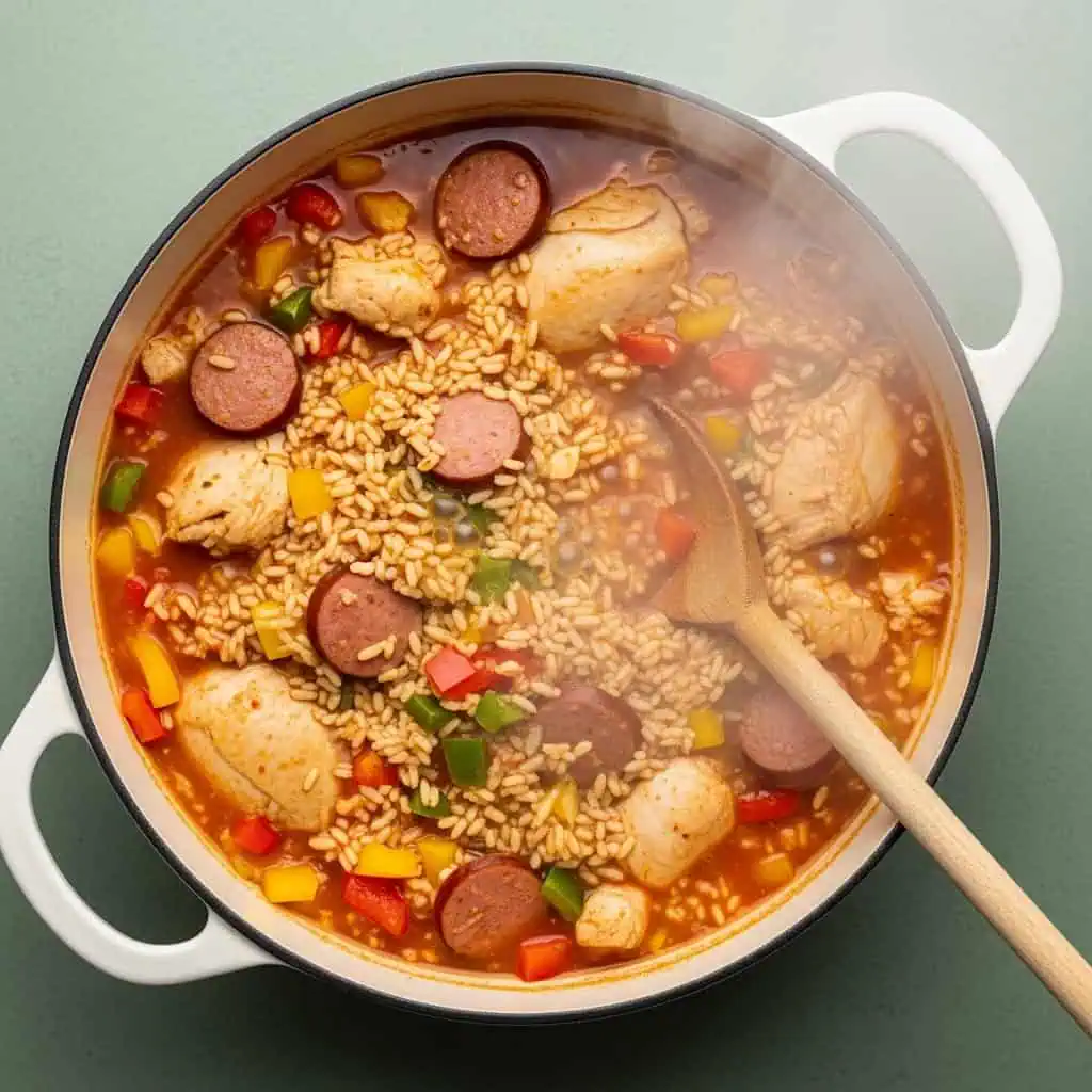 One Pot Jambalaya Recipe 12 Jambalaya rice cooking with chicken and sausage in spiced tomato broth